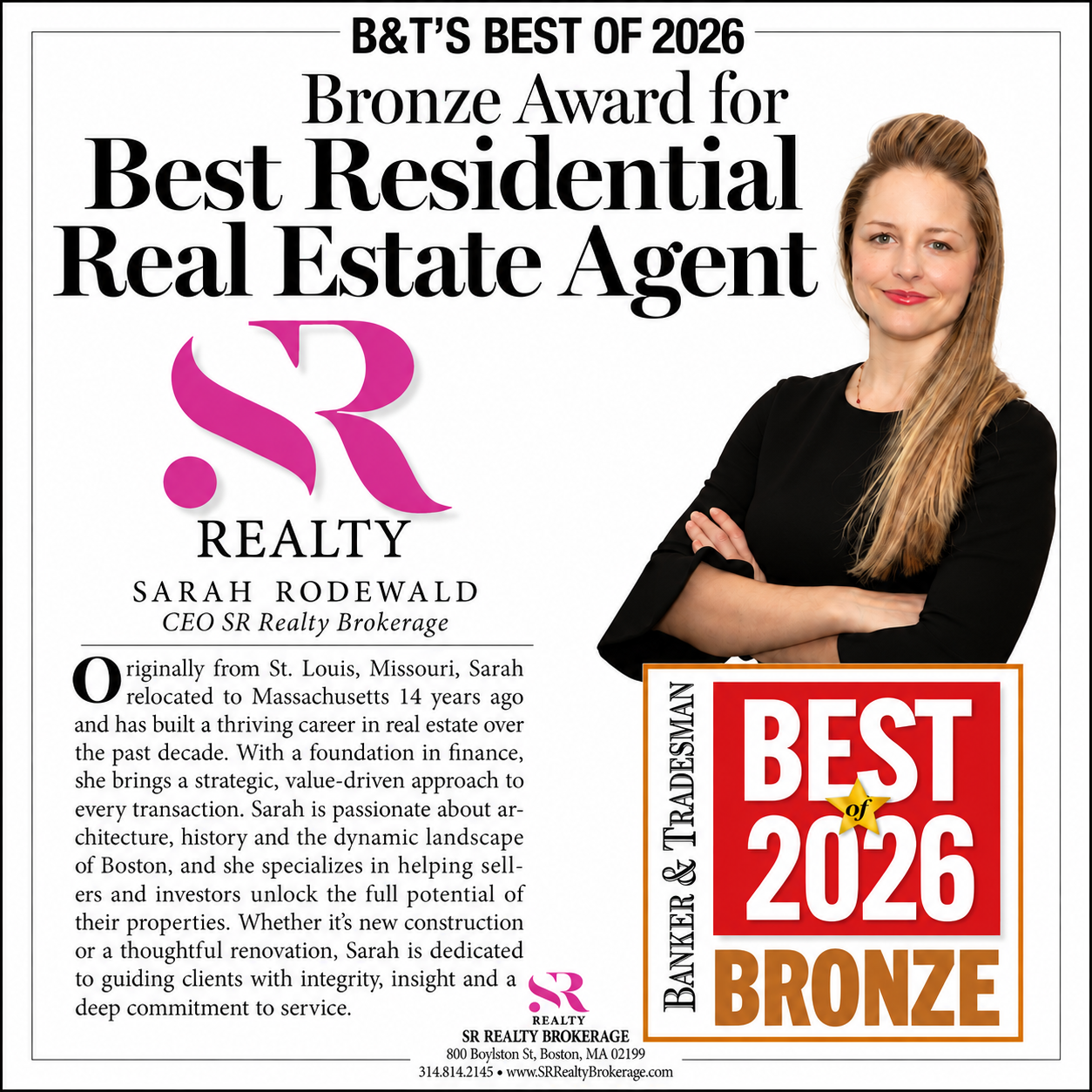 Sarah Rodewald, SR Realty - Banker & Tradesman Best of 2026 Bronze Award for Best Residential Real Estate Agent